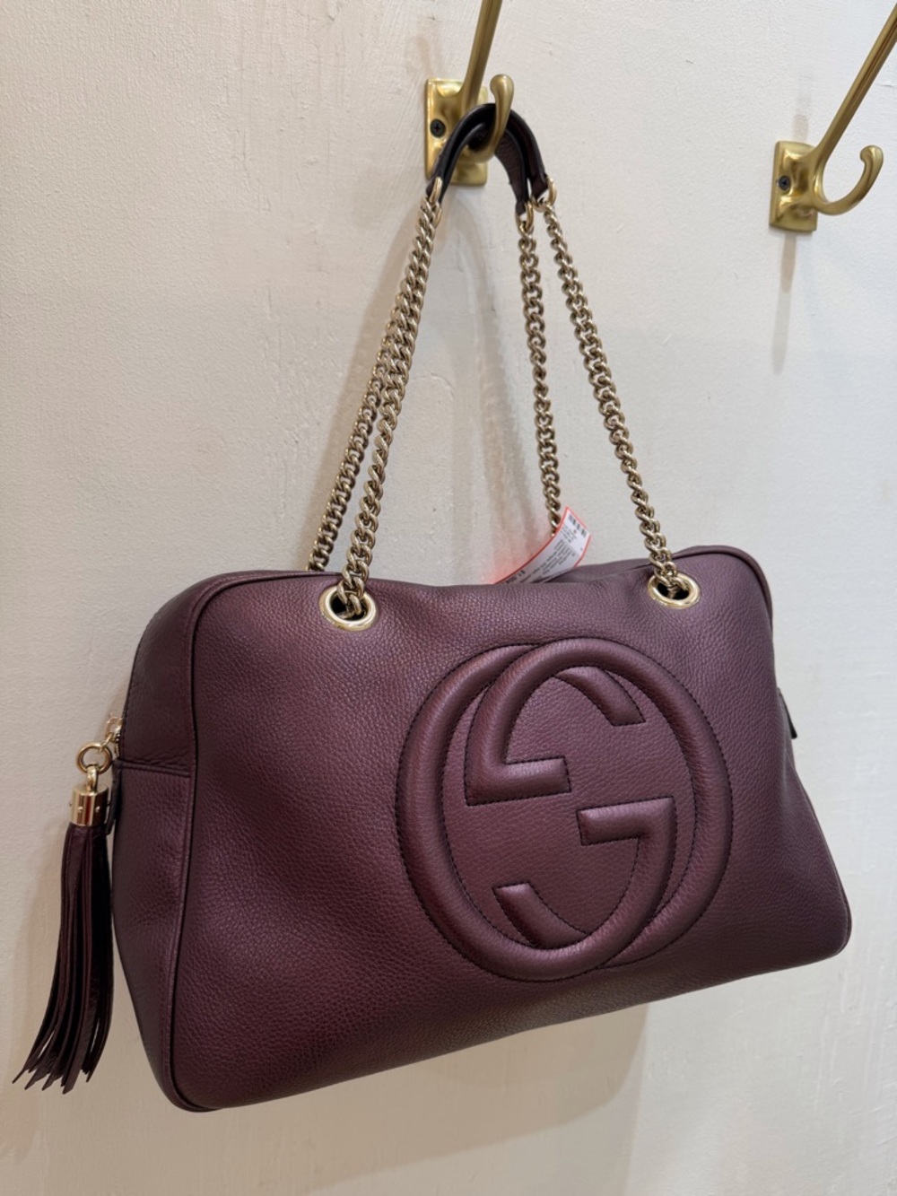 Gucci Pebbled Leather Shoulder Bag in Burgundy with Gold Chain Strap